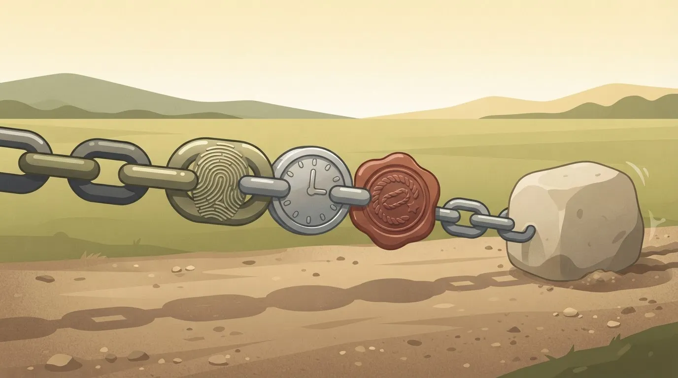 A heavy steel chain where one link is shaped like a human fingerprint, the next link is a clock face, and the third is a…
