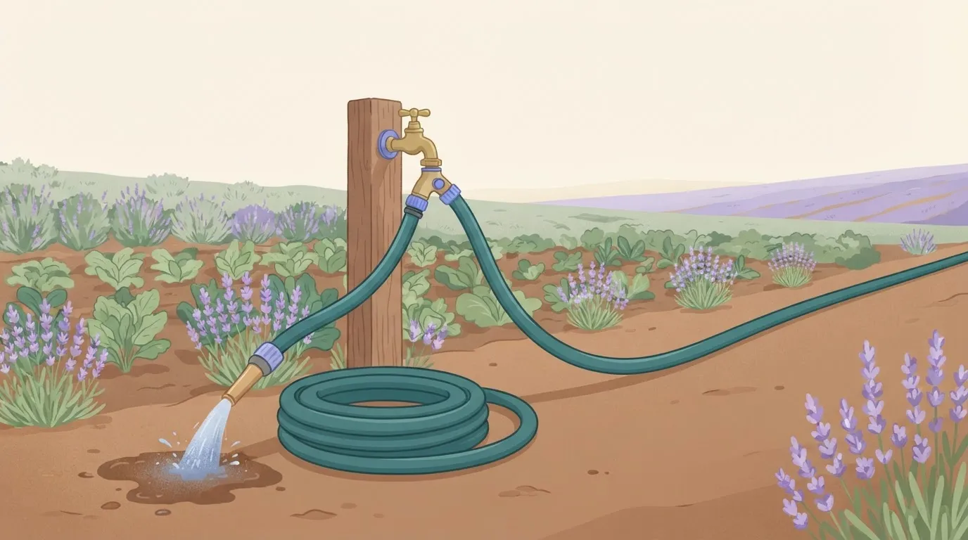 Two thick, identical garden hoses are connected to a single outdoor faucet.