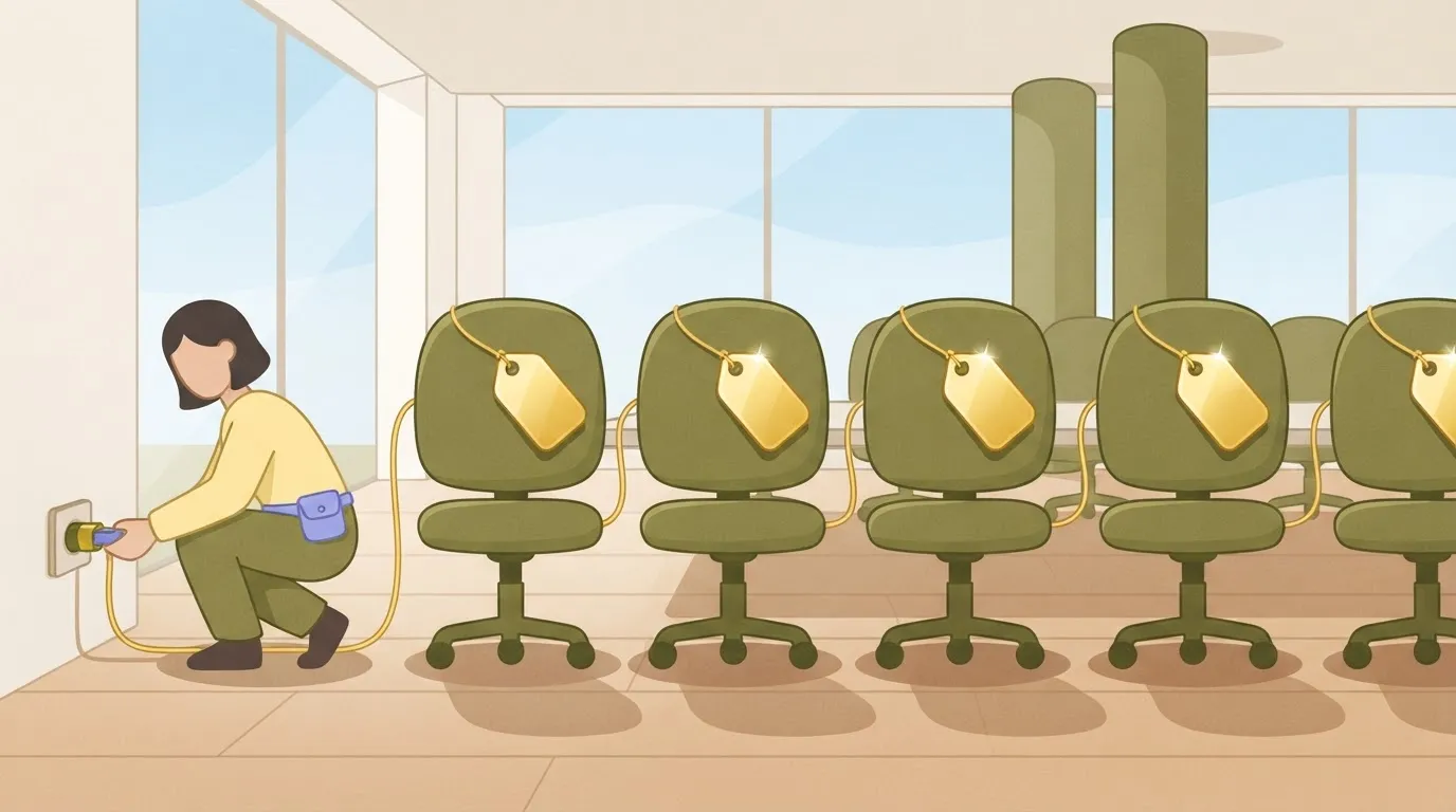 One plug inserted, every chair in the row gets a gold tag