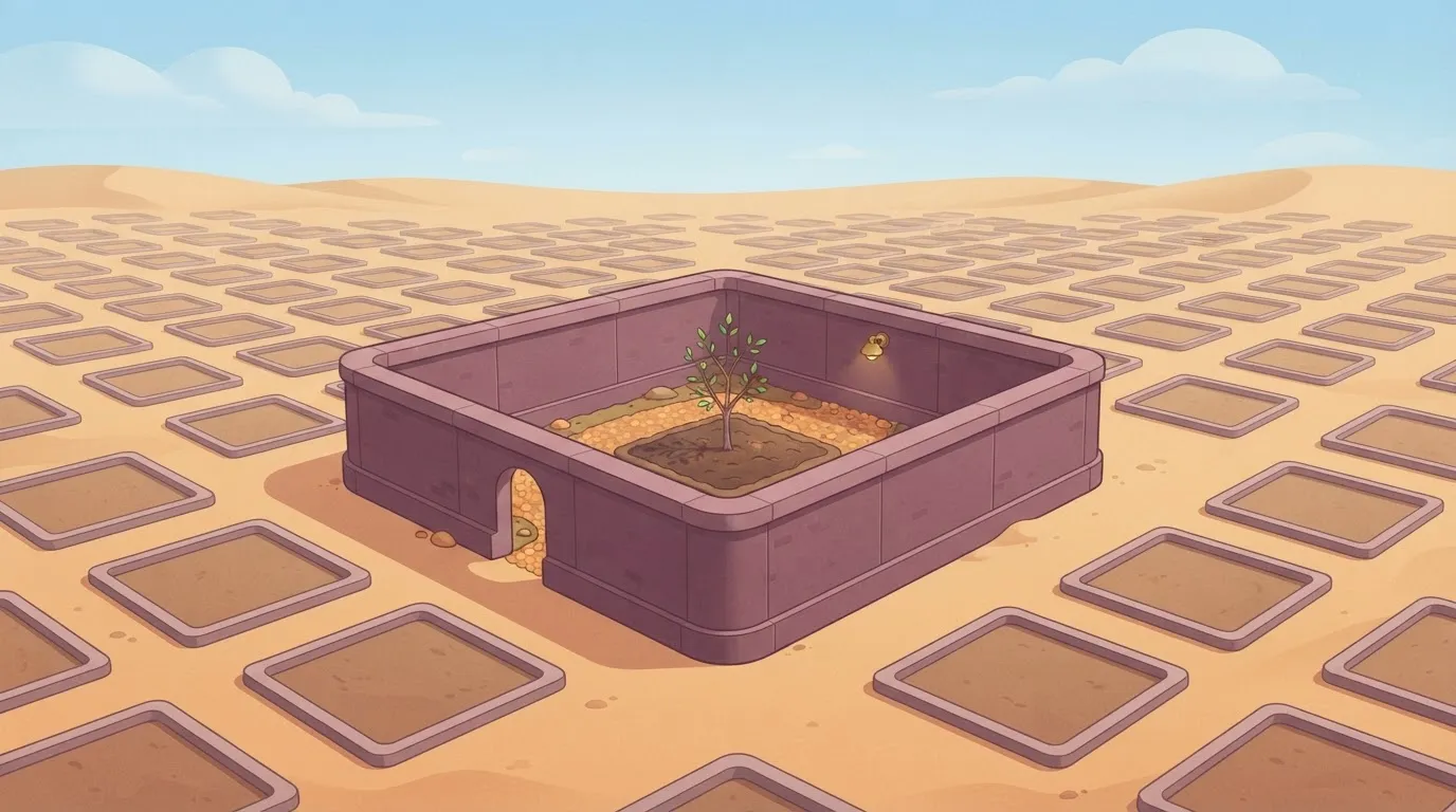 A single, high-walled concrete garden containing one small sapling, surrounded by a vast empty desert of identical empty…