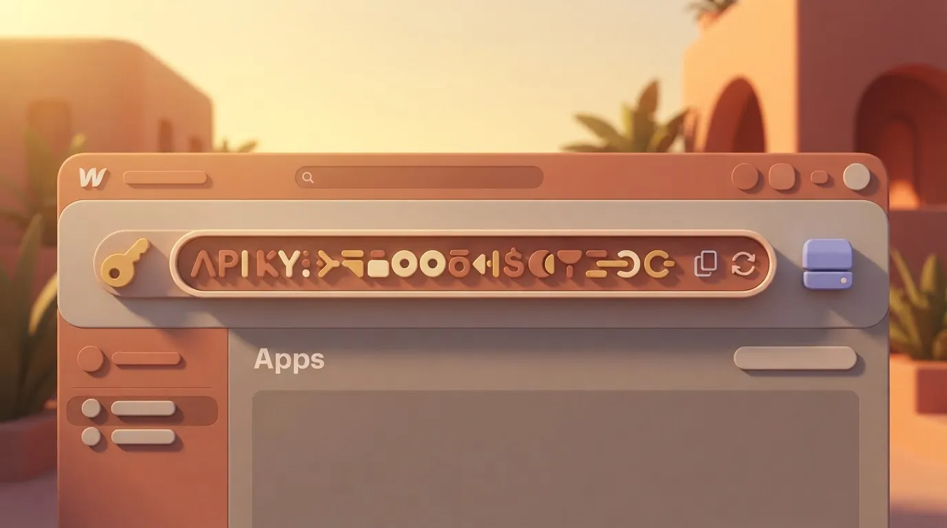 A digital interface showing a single V2 API Key displayed as a long string of alphanumeric characters on a Webflow Apps page.