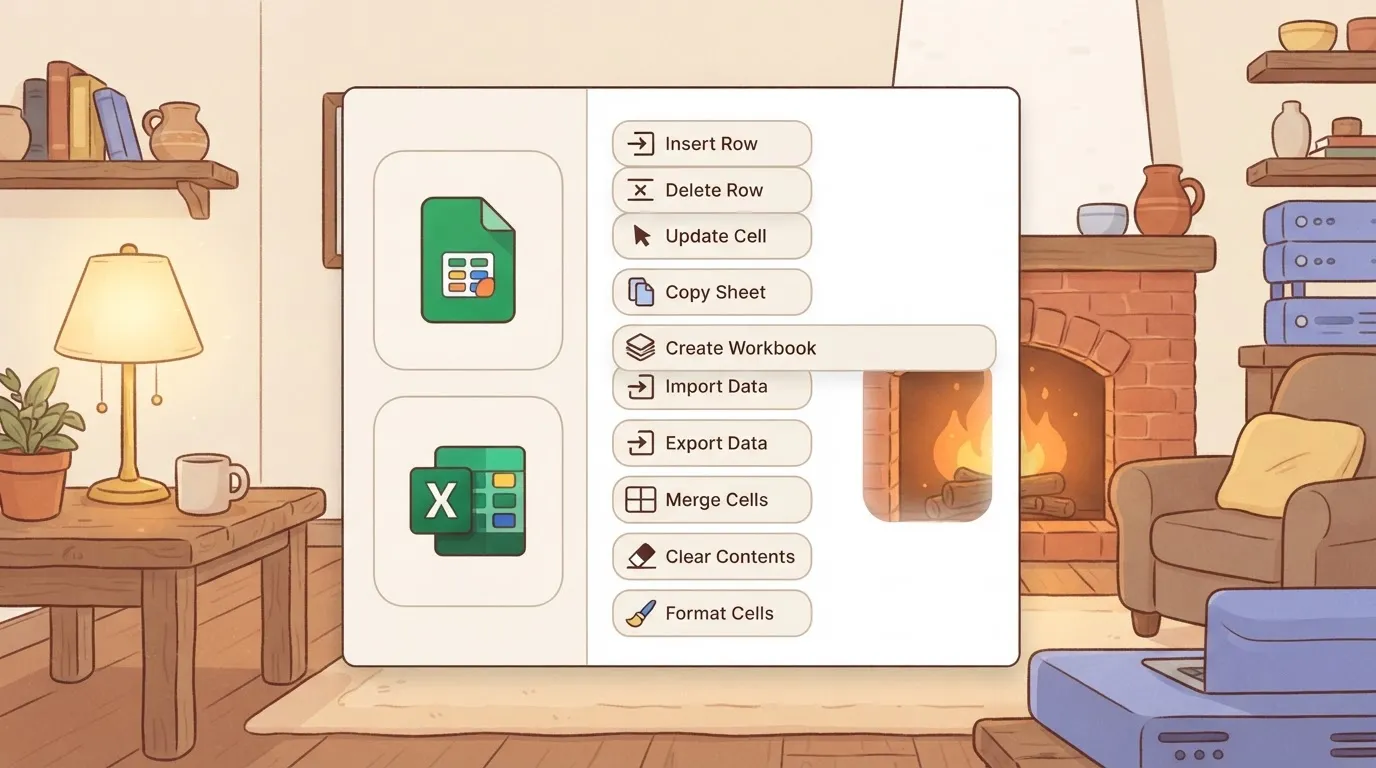 A rectangular integration selector modal with a sidebar on the left listing icons for Google Sheets and Microsoft Excel…
