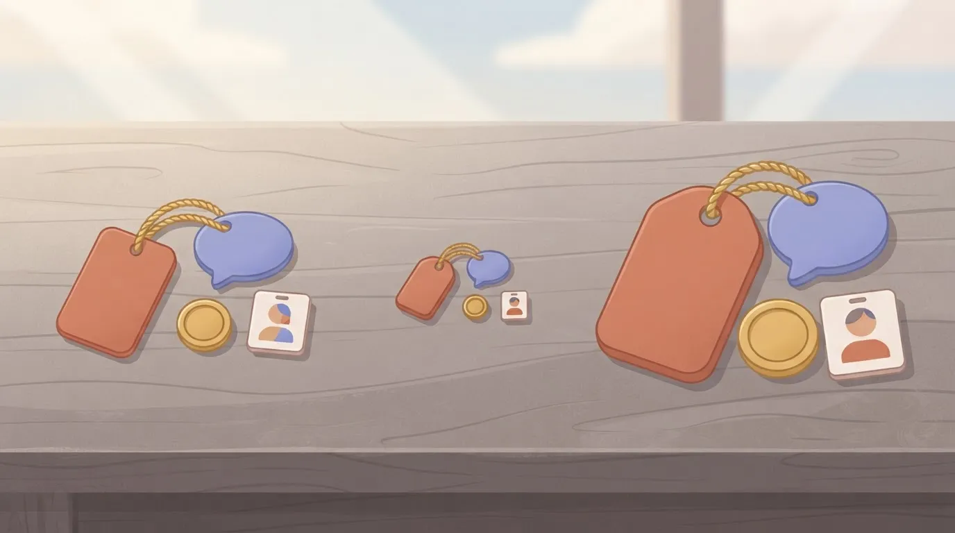 Three price tags beside a conversation card, an action token and a user badge