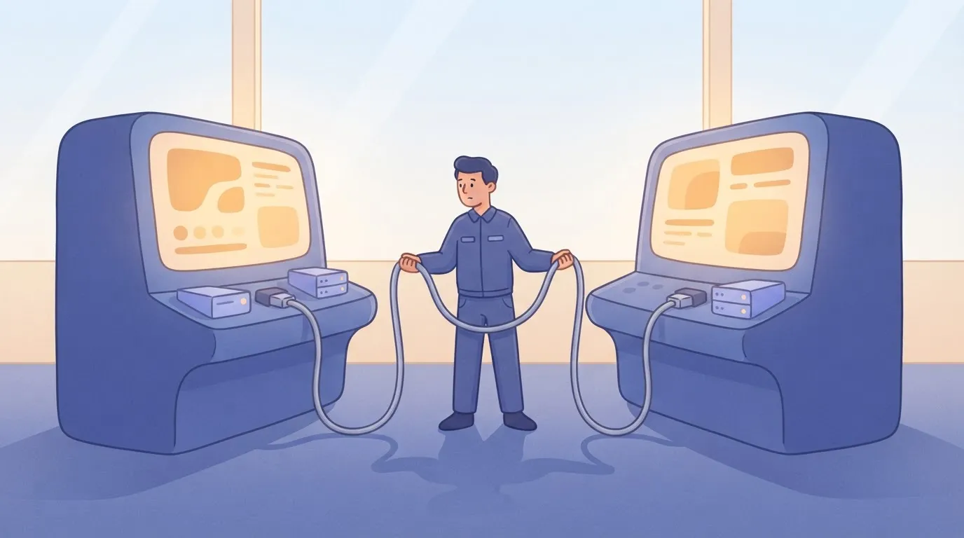 A technician standing between two identical control consoles, holding one cable in each hand, plugged into both…