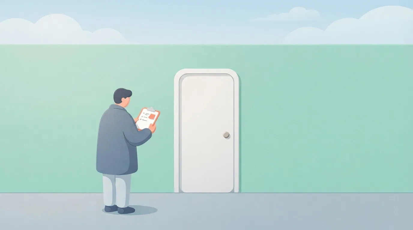 A visitor holds a short clipboard list, standing before a plain closed door in a blank wall, with no signs or price board…