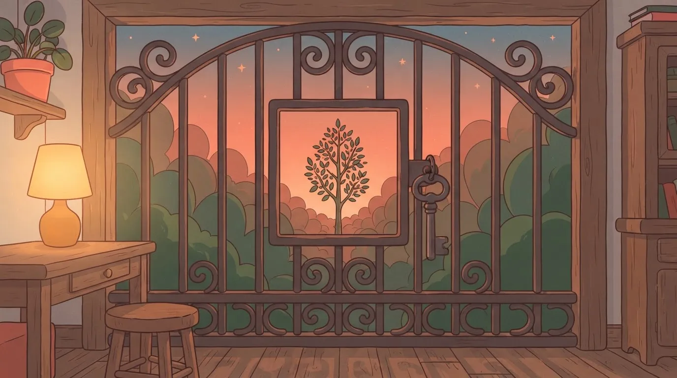 A single key hanging on a heavy iron gate that has a small, precisely cut square window in the center, allowing a view of…