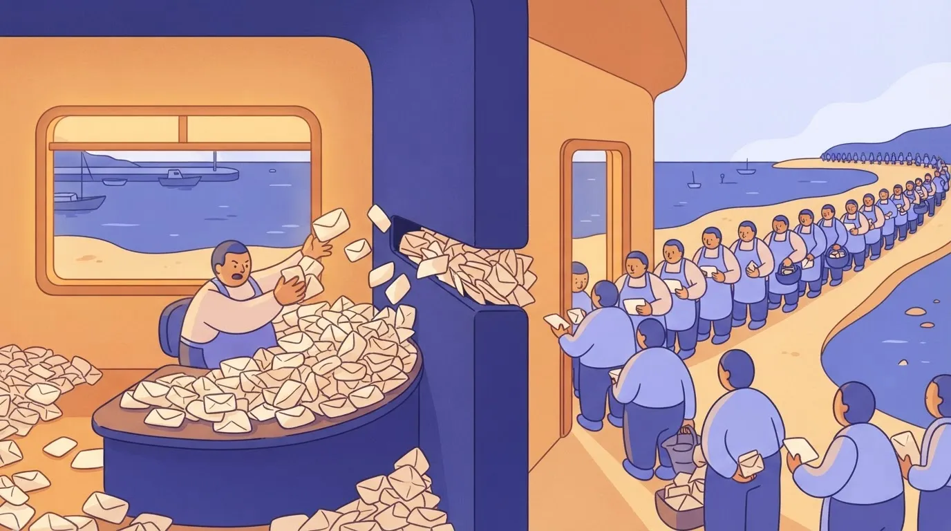 A single, frantic worker at a desk is throwing hundreds of identical letters into a narrow mail slot in a wall; on the…