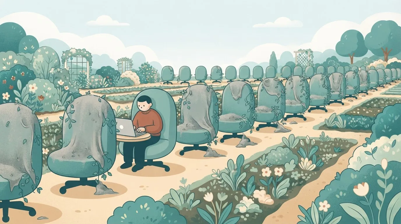 A long row of identical office chairs stretching into the distance.