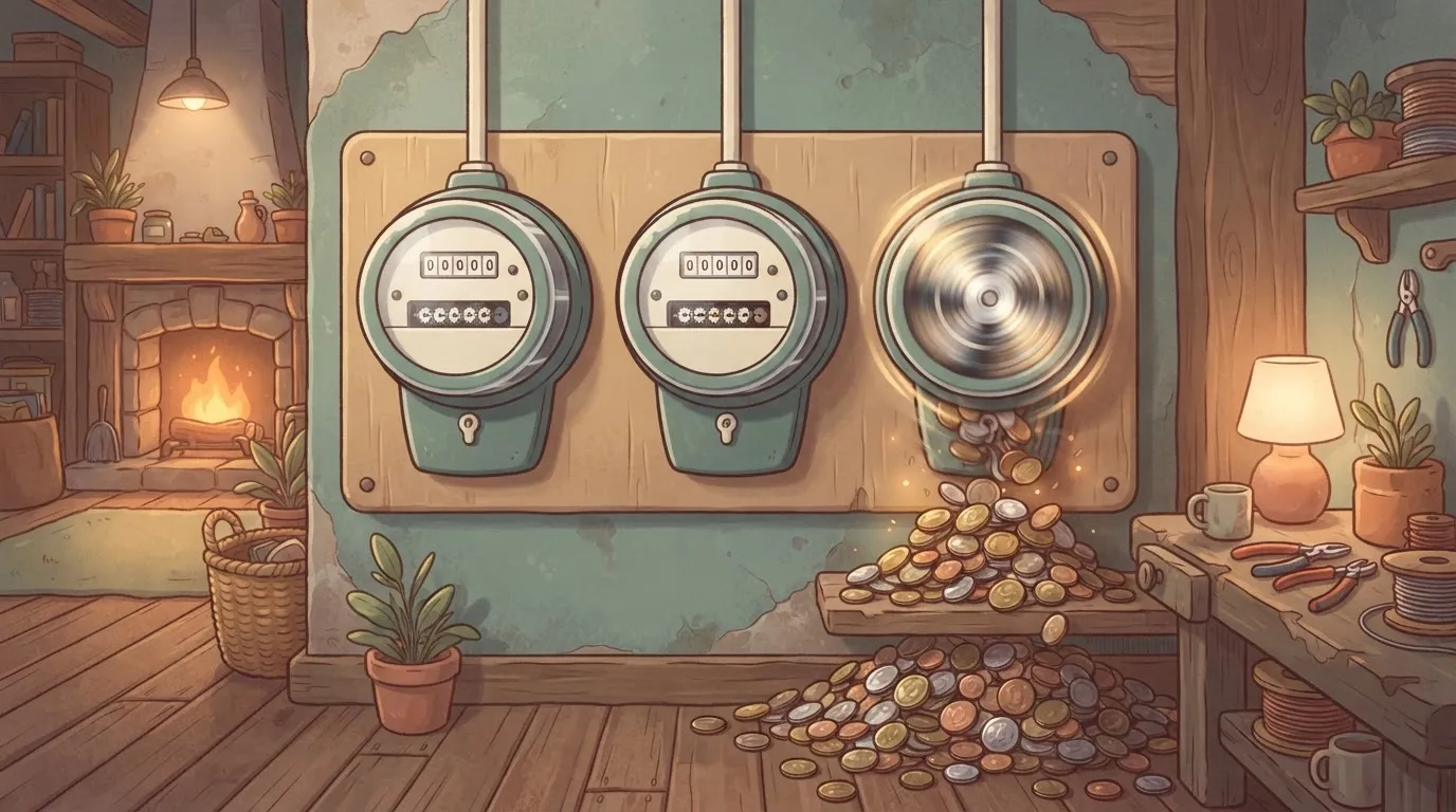 A row of three identical large electric meters.