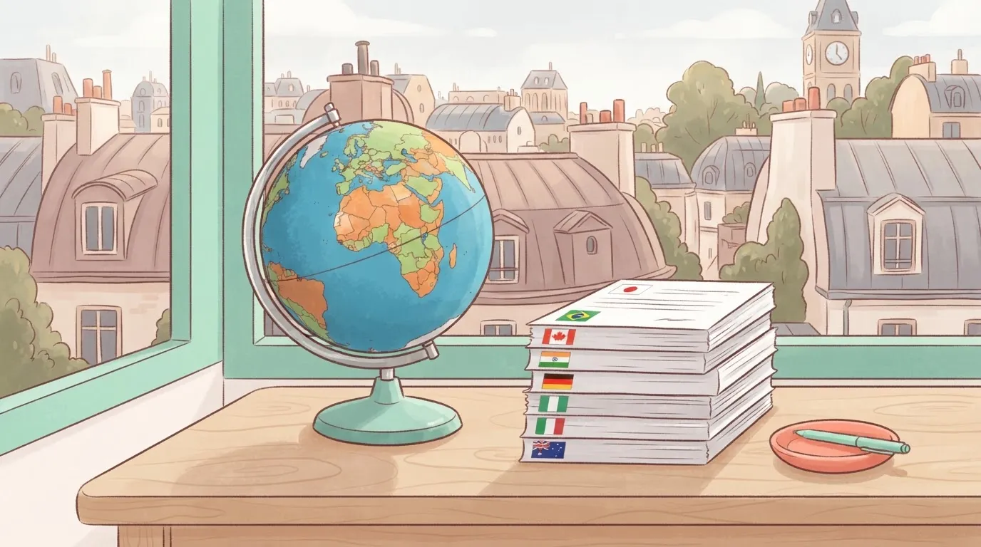 A physical globe sits on a wooden desk next to a stack of paper documents, each document featuring a different national…