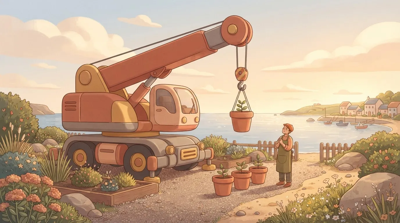 Giant crane lifting one flowerpot beside three small pots