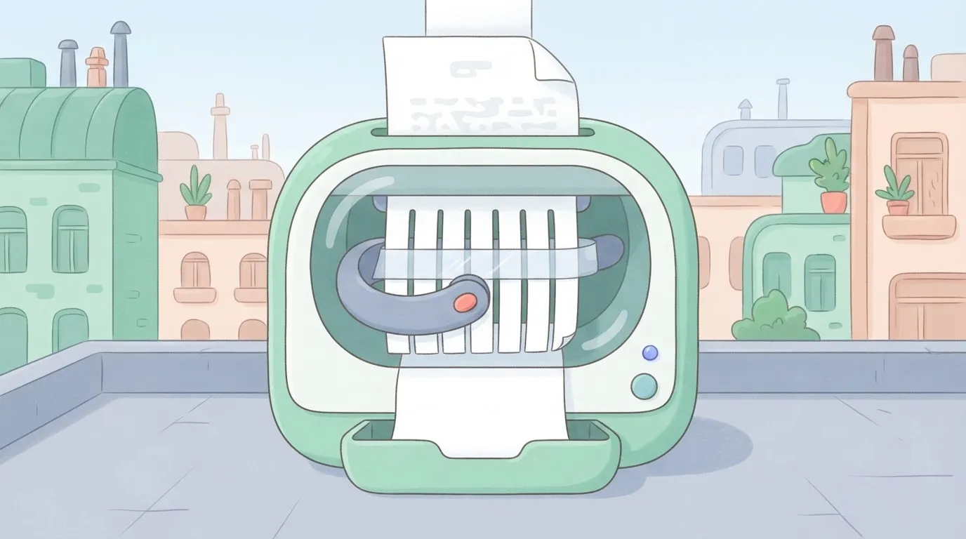 A shredder where the paper being fed in at the top is instantly taped back together by a mechanical arm underneath, keeping…