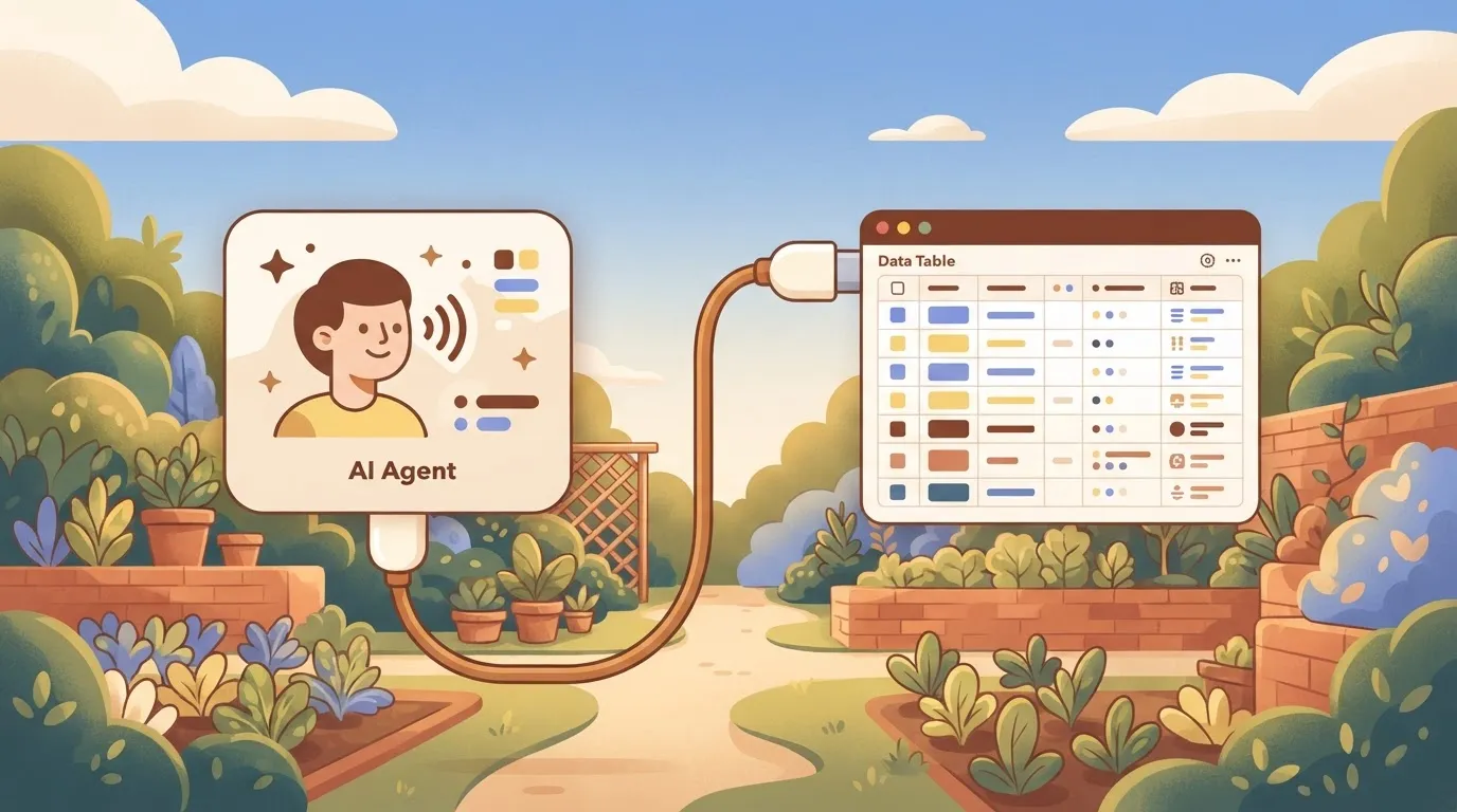 Two app windows, an AI agent card and another app's data table, joined by a single cable with plug ends, representing an…