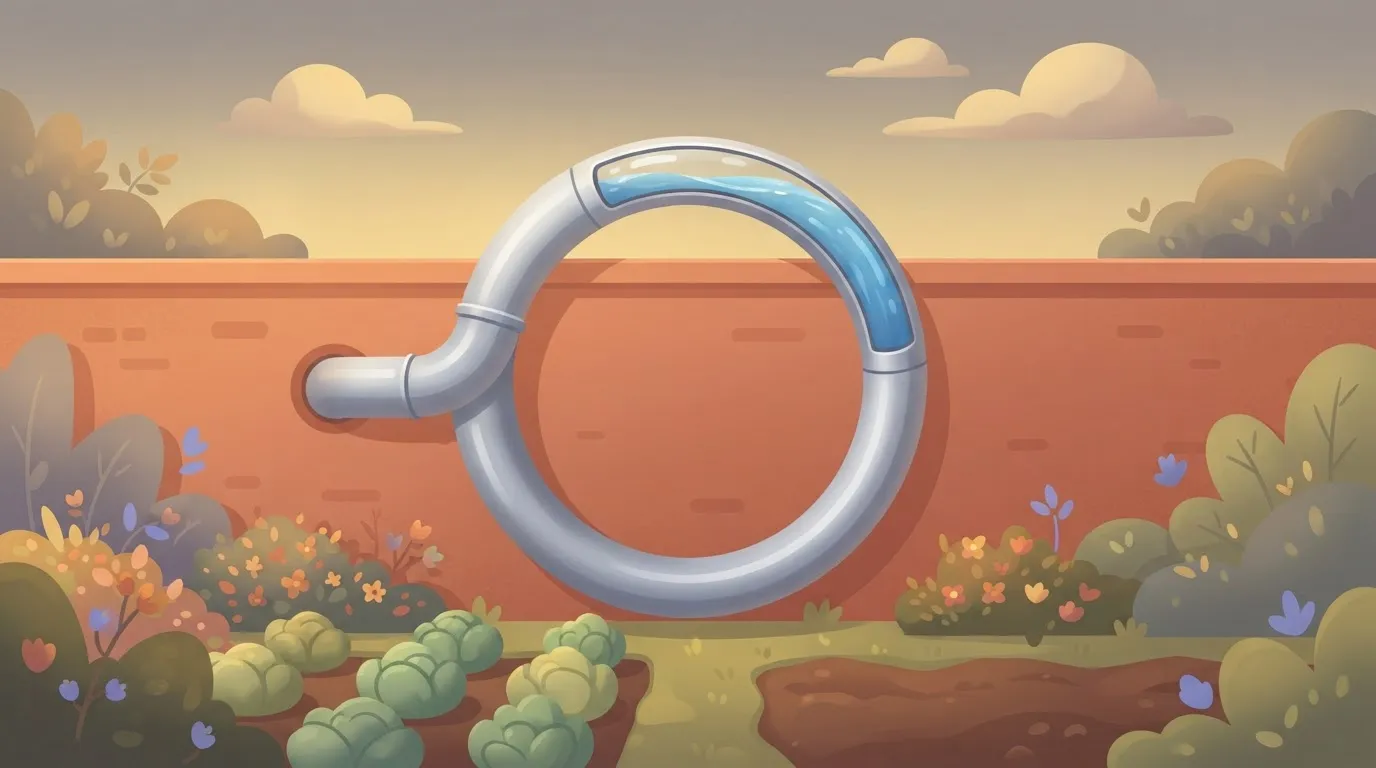 A silver pipe emerges from a wall, loops in a wide, perfect circle, and re-enters the same wall exactly where it started…