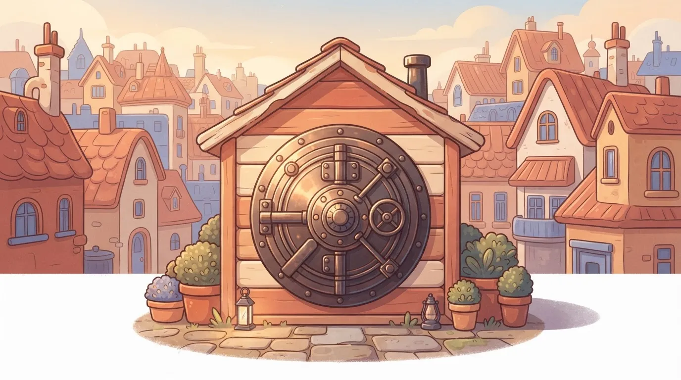 A massive, ornate heavy-duty vault door installed on the front of a small, simple wooden garden shed.