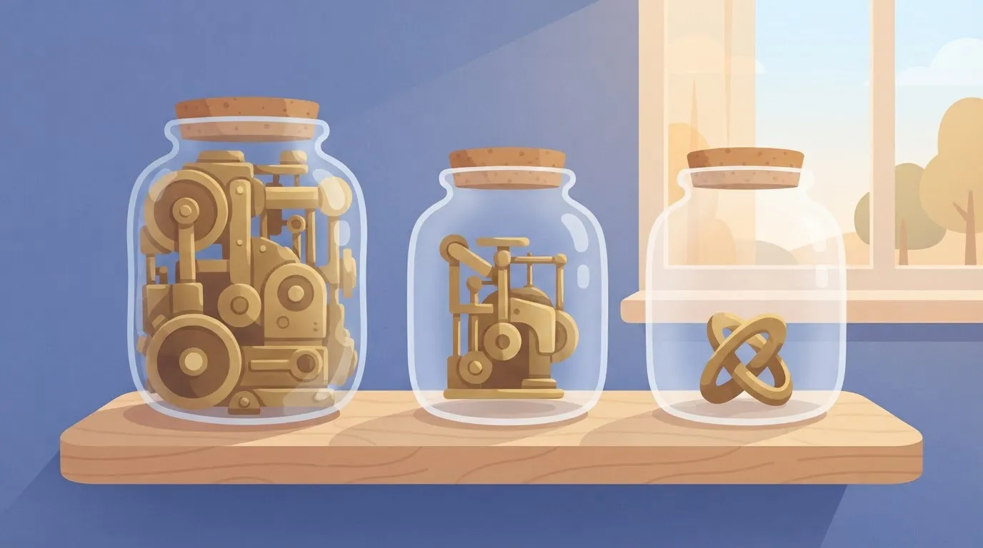 A set of three identical glass jars on a shelf; inside the first jar, a complex machine made of brass gears is built so…