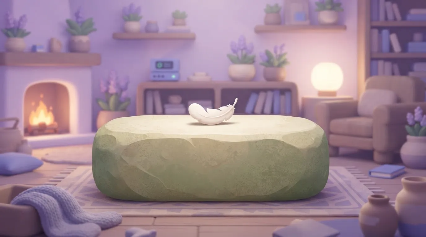 A giant, heavy stone pedestal sits in the middle of a room, supporting a single, tiny, light feather.