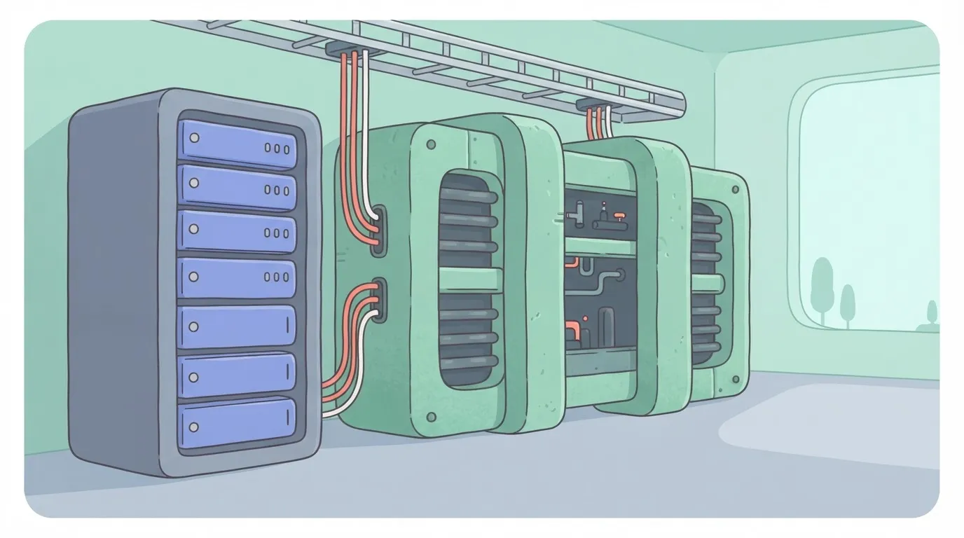 A drawing of a server rack standing behind a physical, industrial-grade firewall composed of a thick metal casing with…