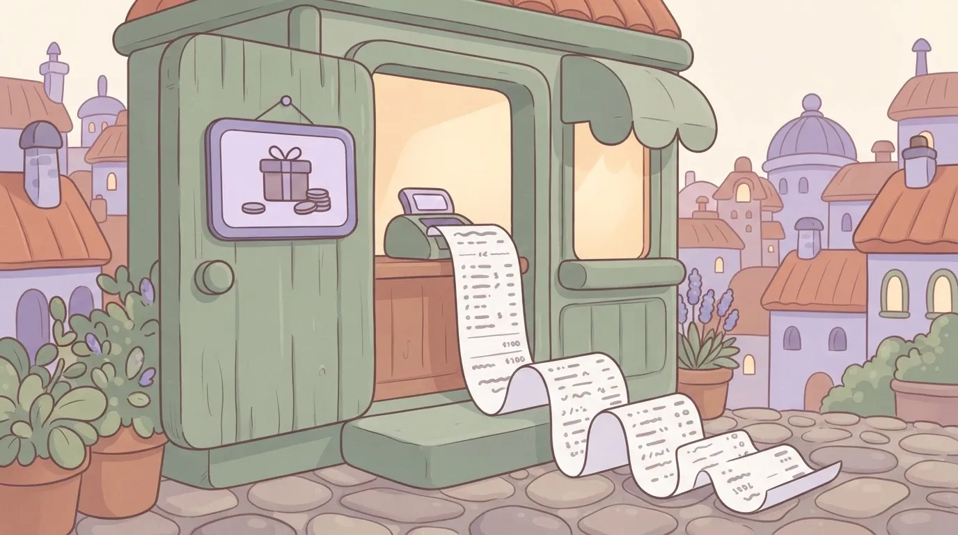 A small price card on a door with a long receipt unrolling behind it