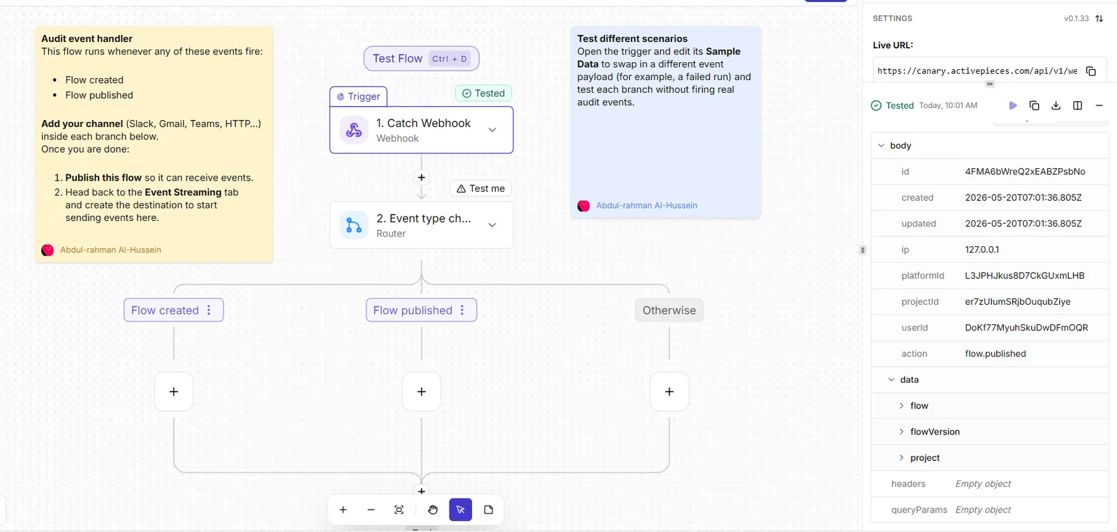 Event streaming flow builder showing webhook trigger, event type router, and audit event branches with test data panel