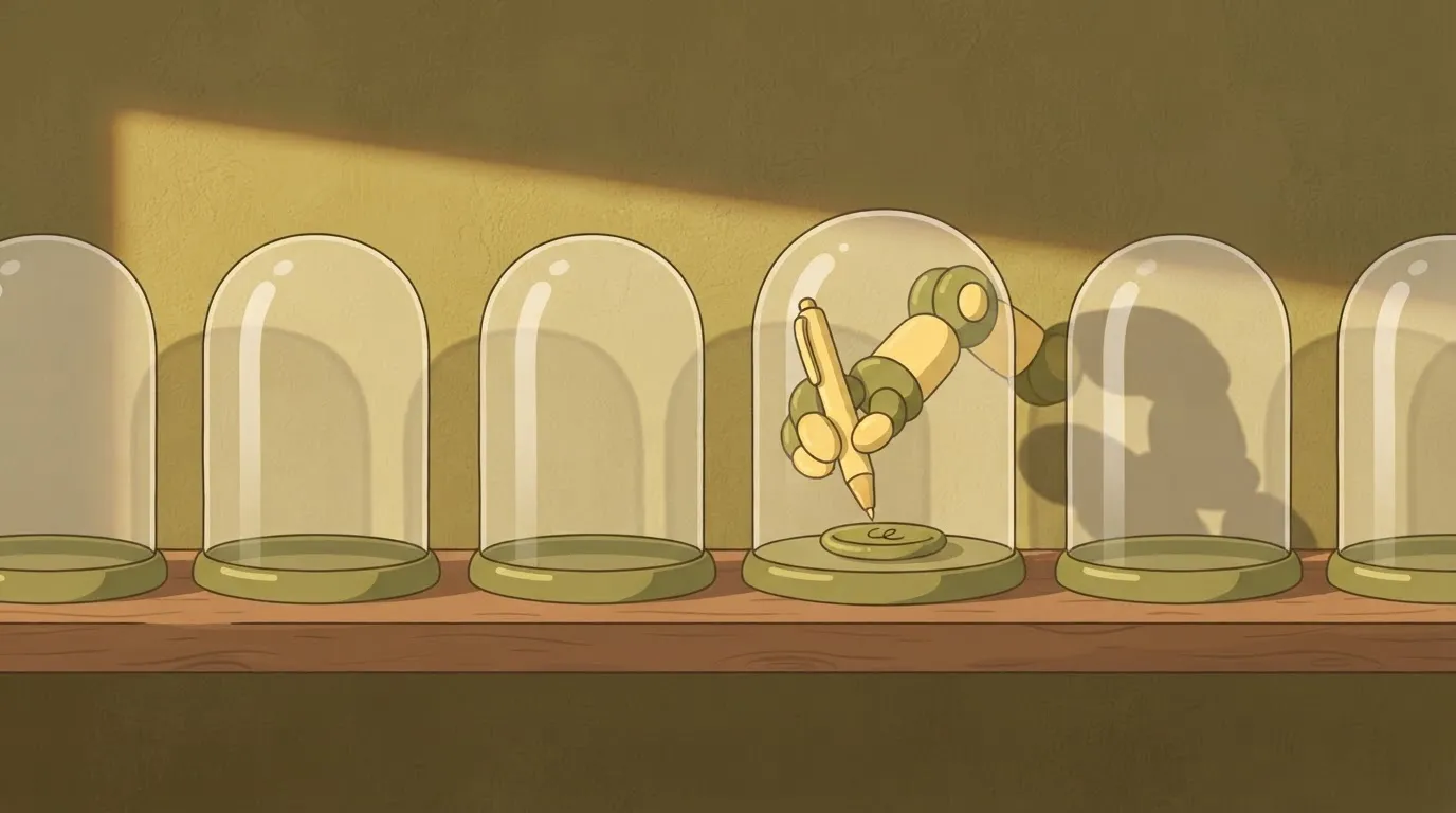 A robotic arm holding a pen, completely enclosed within a clear glass bell jar, while a series of identical jars sit empty…