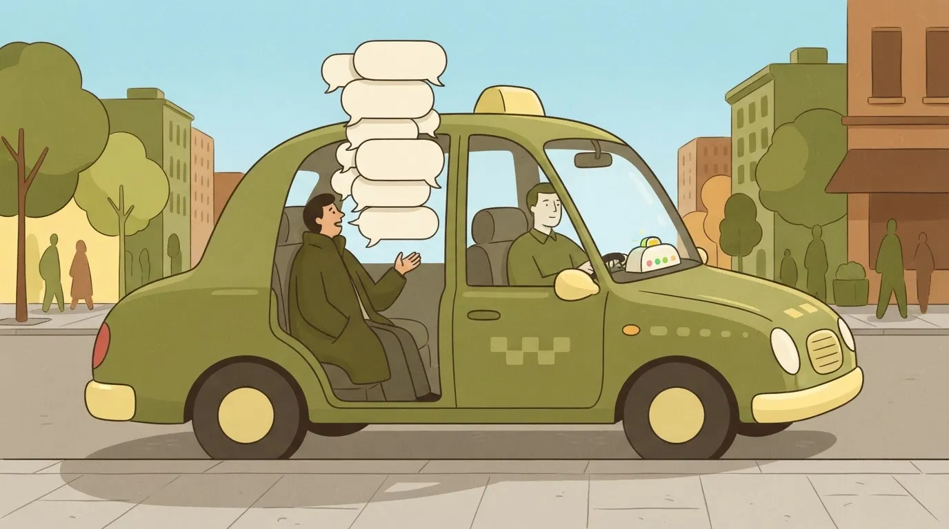 Parked taxi with a meter running as a passenger fills the car with speech bubbles