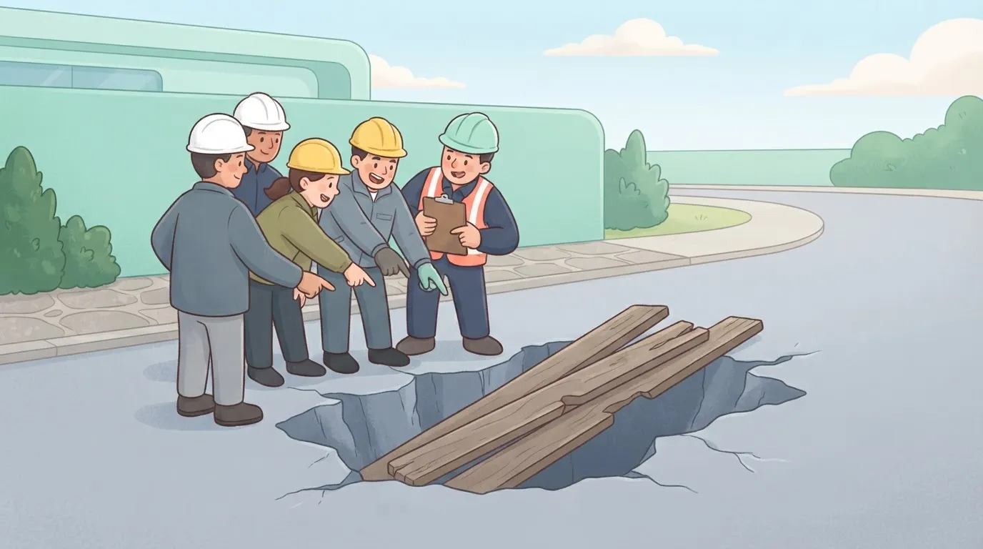 A group of engineers in hard hats are gathered around a large, deep pothole in the middle of a road.