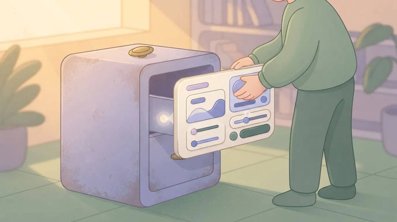 A person slides a sleek, polished dashboard interface onto the front of a dusty, industrial filing cabinet, and it clicks…