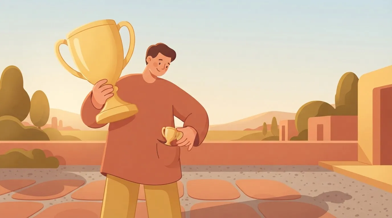 A person holds a massive trophy while looking at a small, identical trophy hidden inside their own pocket.