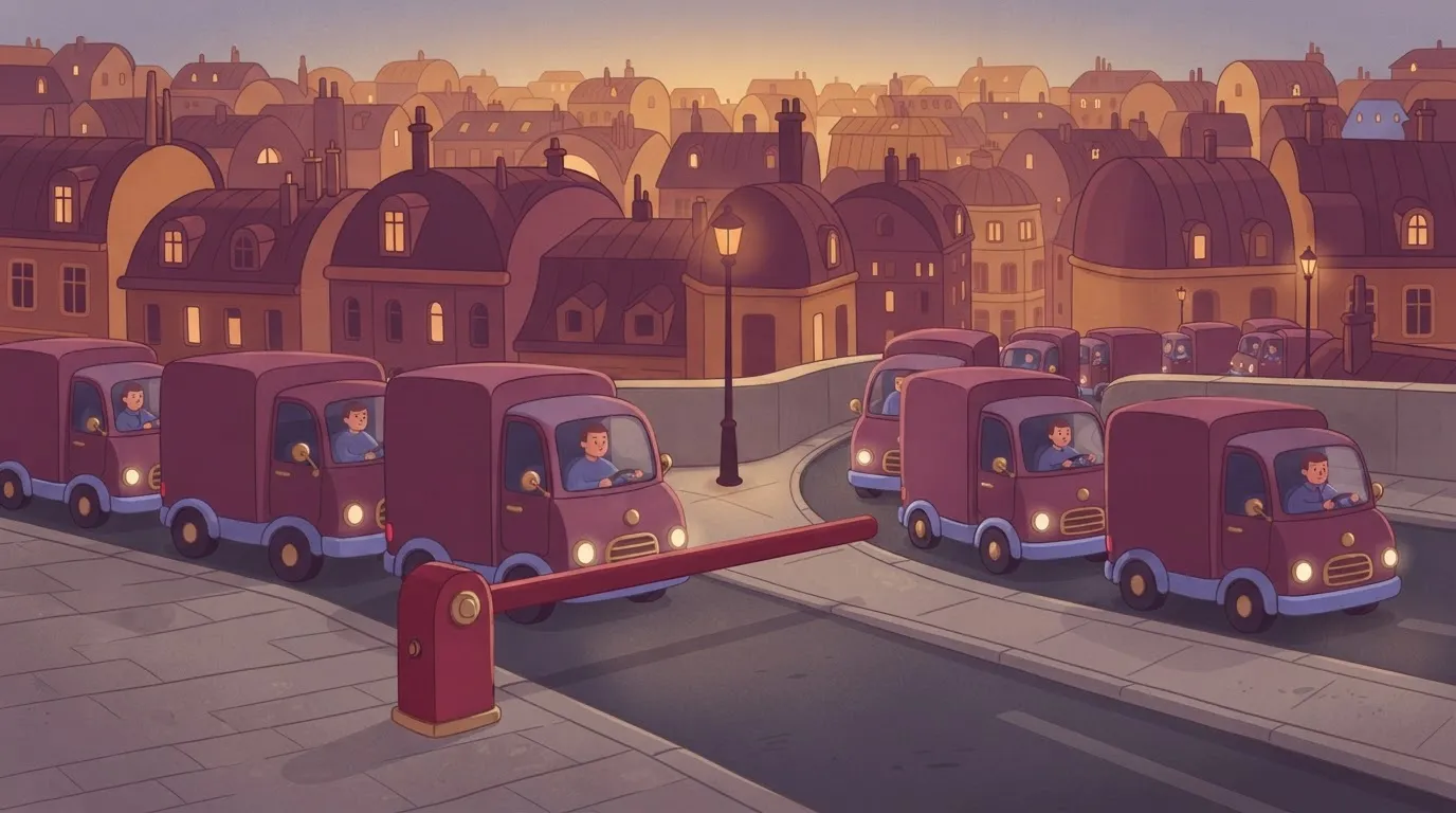 A line of identical delivery trucks coming to a dead stop because a single red gate has dropped across the road, while…