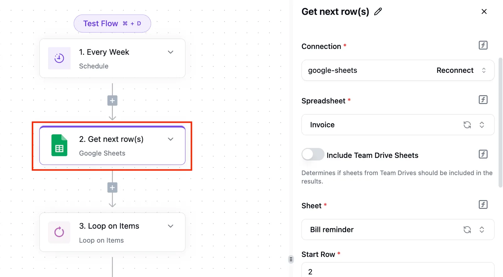 A workflow with three steps: a weekly schedule trigger, a Google Sheets 