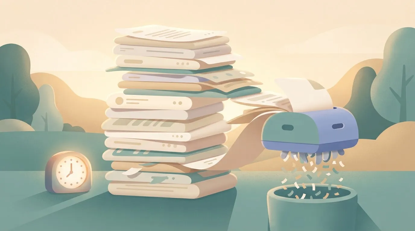 Stack of execution log sheets, clock, and shredder taking the oldest