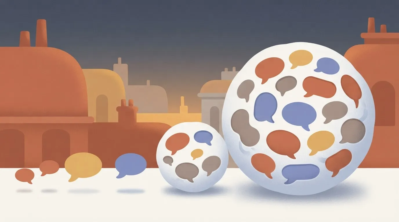A snowball of conversation history growing past the small bubbles