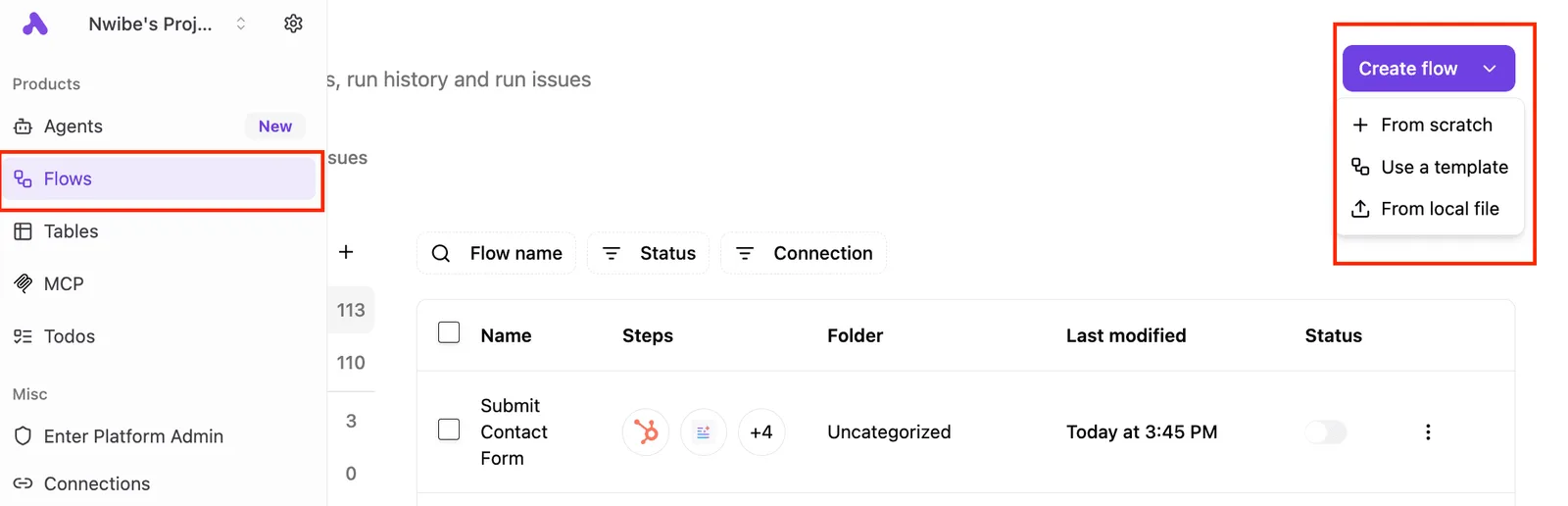 Activepieces dashboard showing the Flows section with a list of workflows and a Create flow dropdown menu.