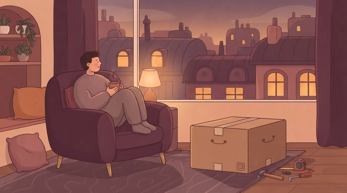 Contented person in a fitted armchair next to an unneeded moving box