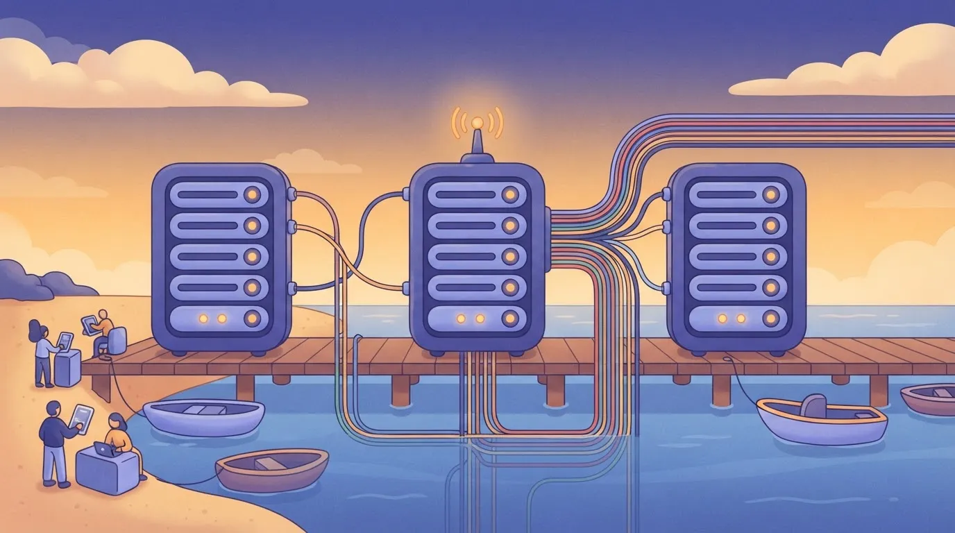 A physical message streaming platform consisting of three server racks with horizontal partitions, where data cables split…
