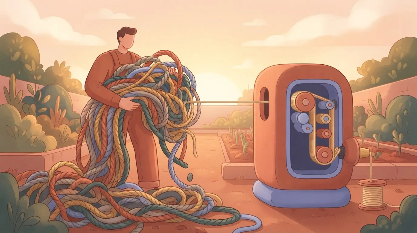 A person holding a massive, tangled bundle of heavy ropes, handing it to a machine that pulls one single, thin, perfectly…