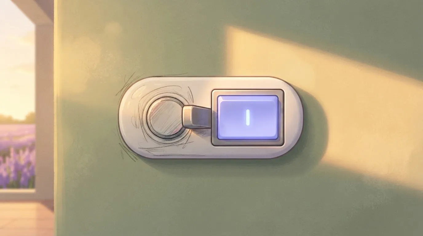 A simple rectangular toggle switch on a wall where the 'off' side is a rough, hand-drawn sketch of a button and the 'on'…