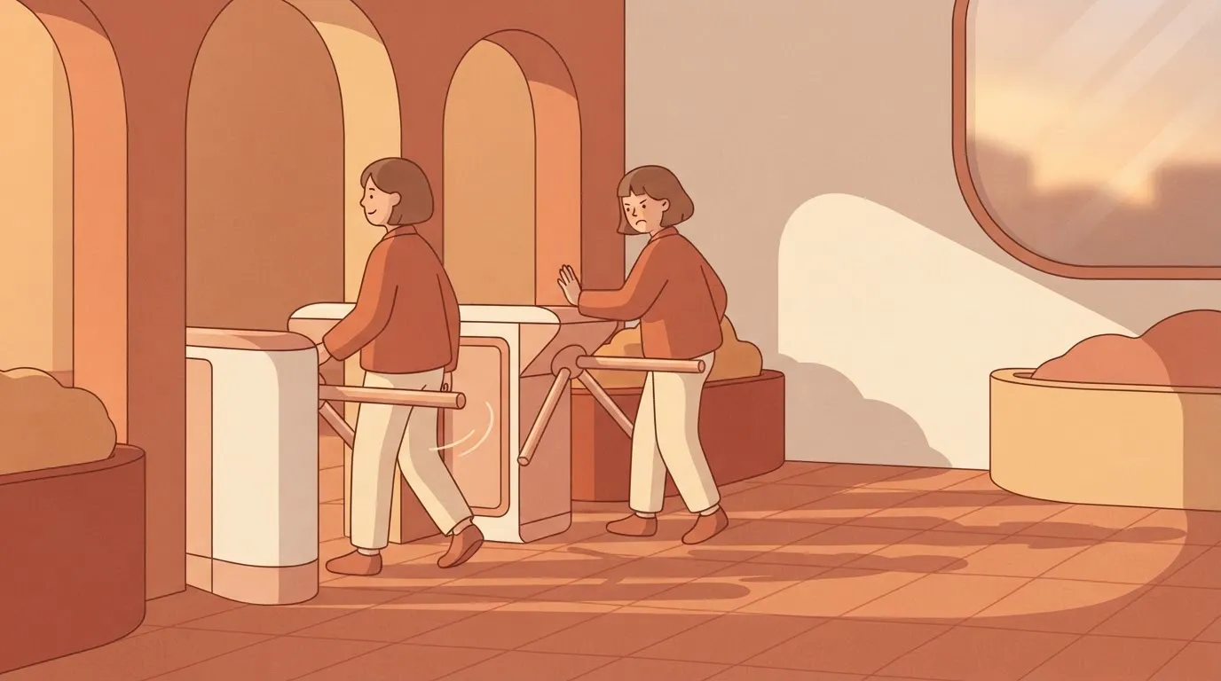 A turnstile that only allows one person through, while a second person—an exact duplicate of the first—is stuck behind the…