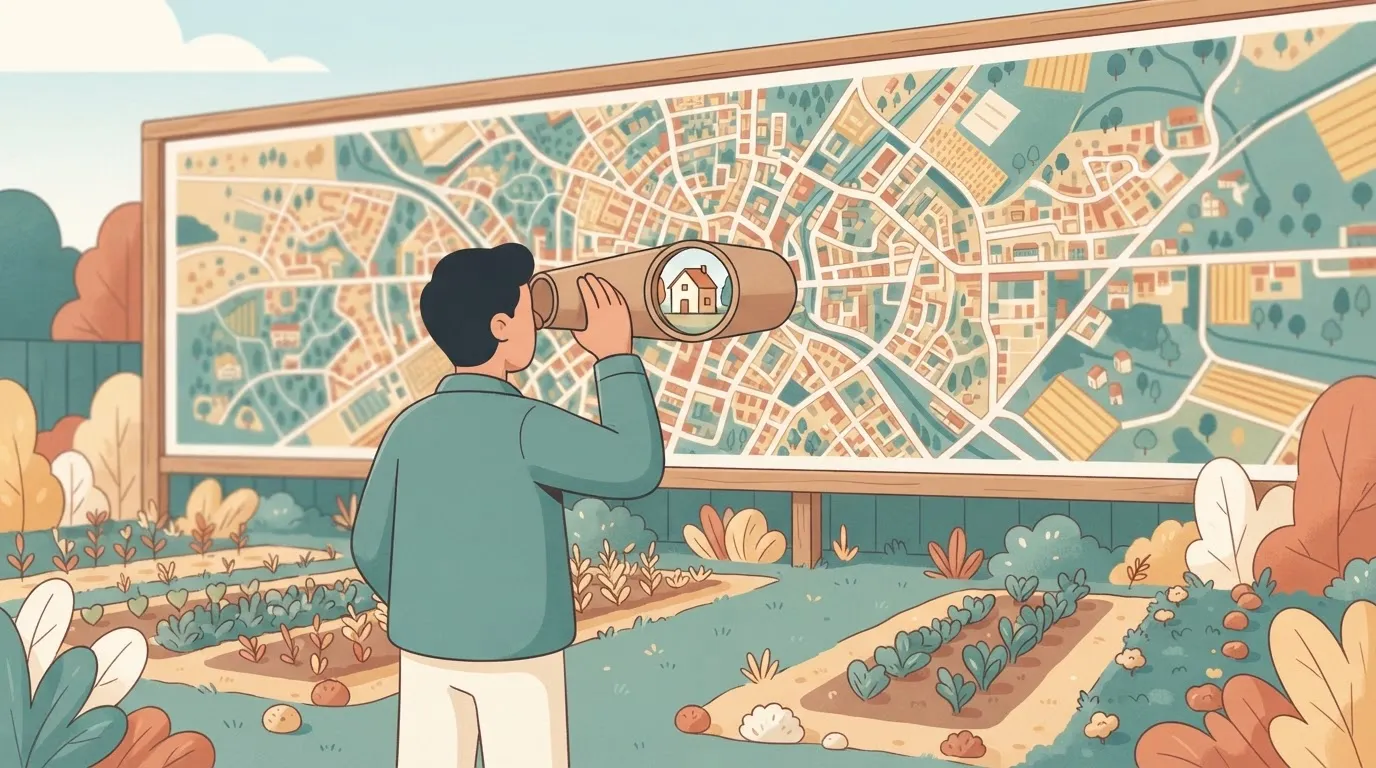 Paragraph 33: A person looking at a giant, wall-sized map through a small cardboard tube, which isolates and highlights…