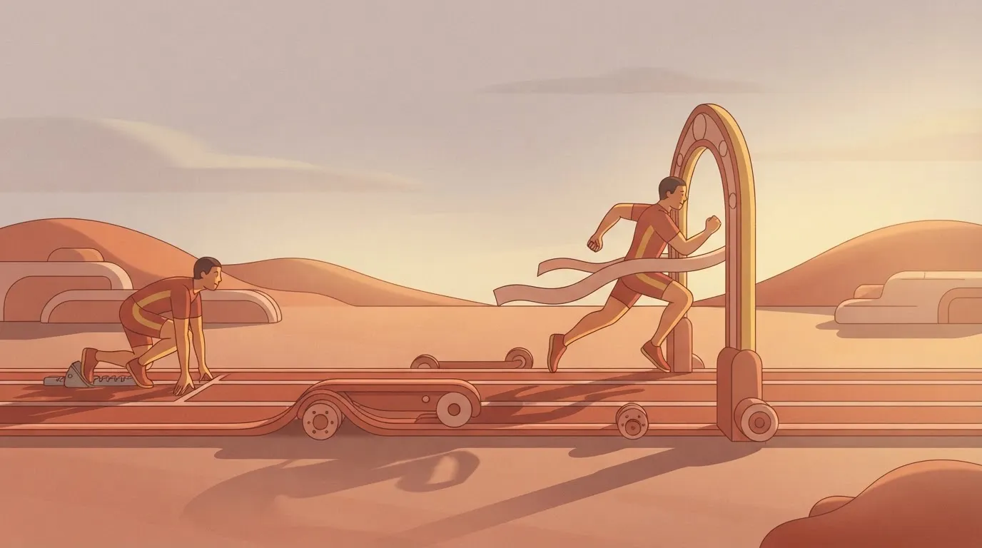 A runner crossing a finish line that is being moved further away by a motorized track, while a second, identical runner…