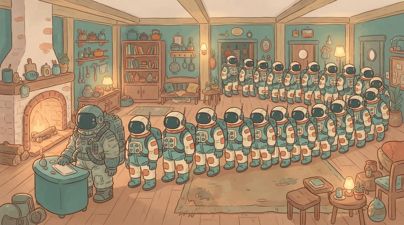 A long row of people standing in line, where because the person at the very front is wearing a heavy, oversized space suit…