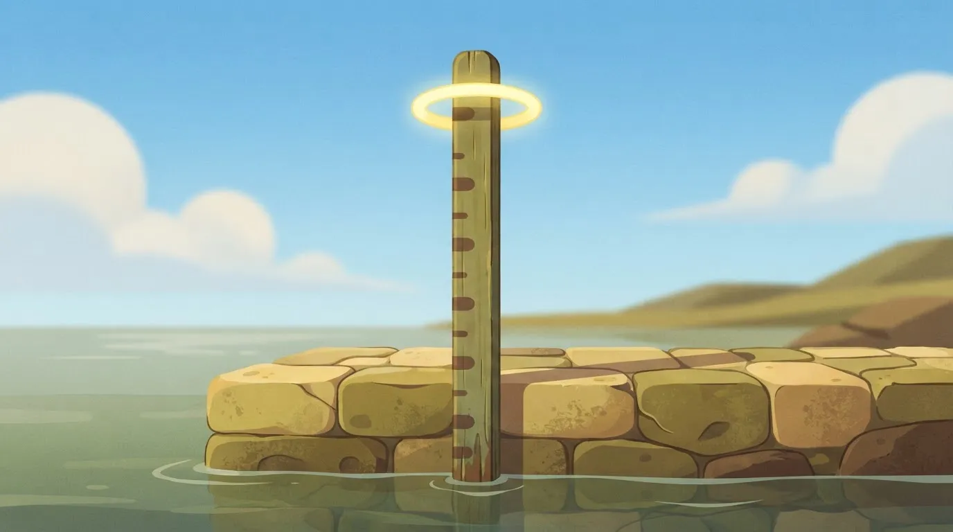 A tall, vertical yardstick fixed permanently into a stone dock, where the water level has left a single, bright…