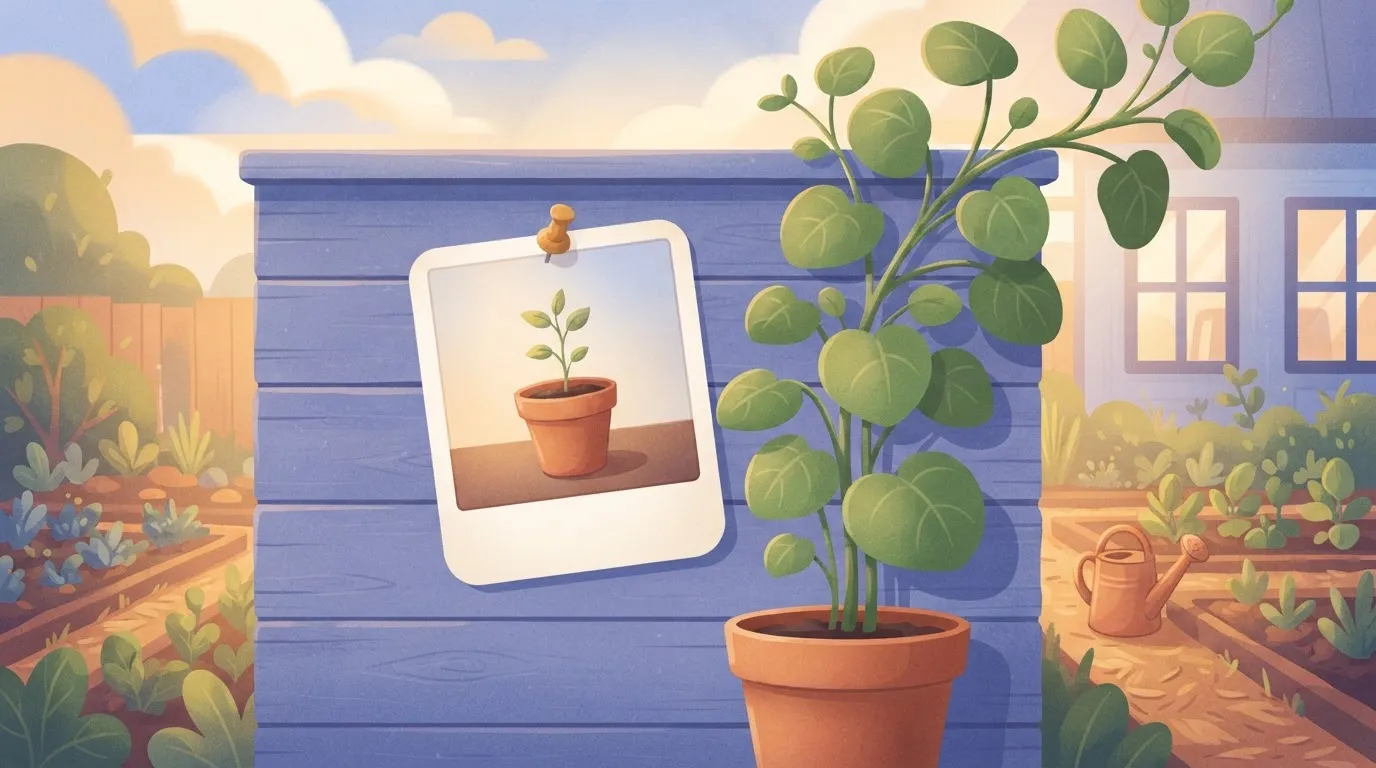 A polaroid photograph of a growing plant pinned to a wall.