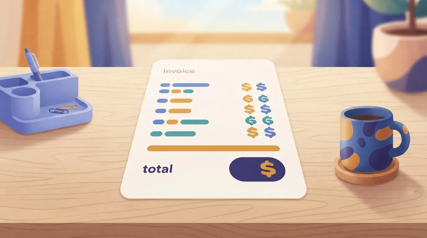 A single paper invoice lies flat on a desk, showing a list of line items with currency symbols and a bold total at the…