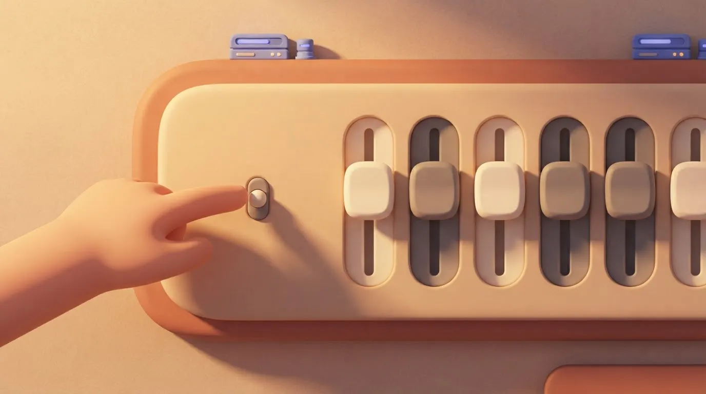 Hand on a tiny switch beside big pushed-up sliders
