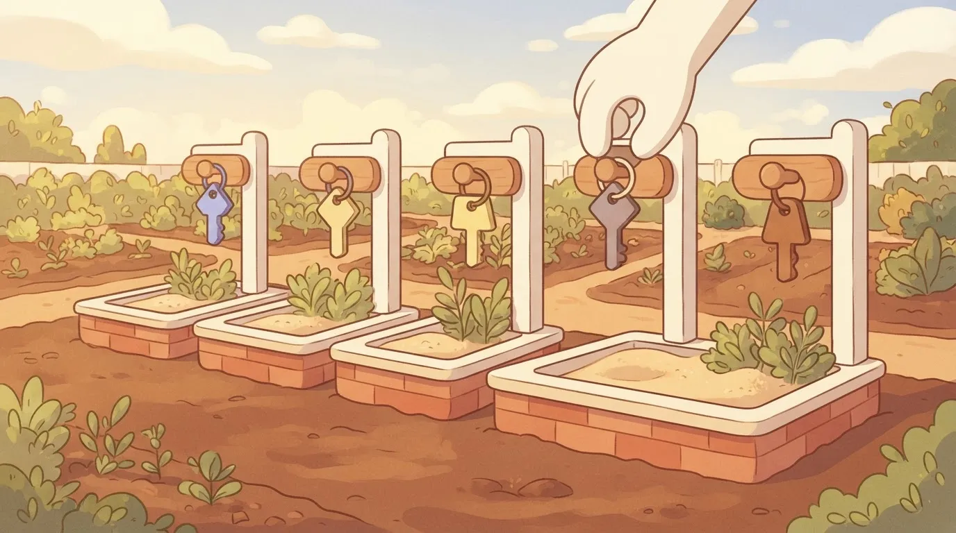 Row of sandboxes each with one key; one key removed