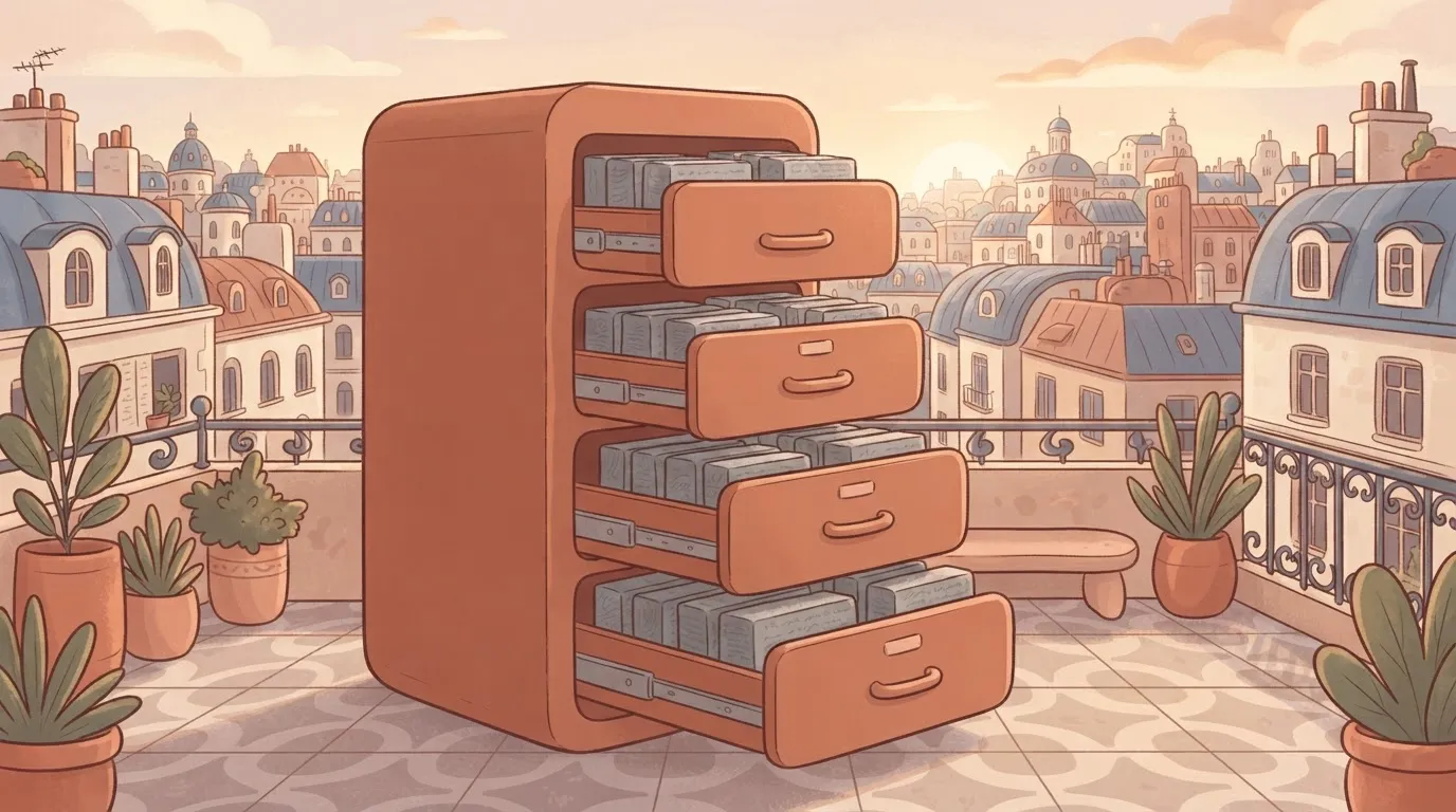 A tall filing cabinet with its drawers open, but instead of folders, the drawers are filled with solid, rectangular blocks…