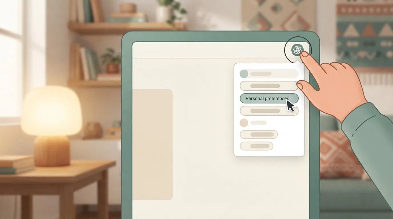 A hand clicks a circular company icon in the top right corner of a software interface.