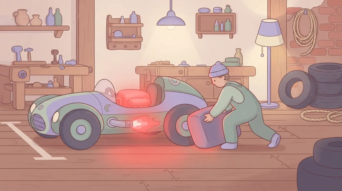 A race car idling at a starting line with its engine glowing bright red, while a mechanic removes a heavy 'loading' block…